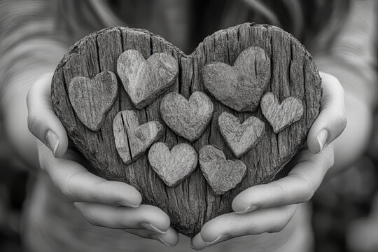 Wooden Heart in Loving Hands Black and White Photography