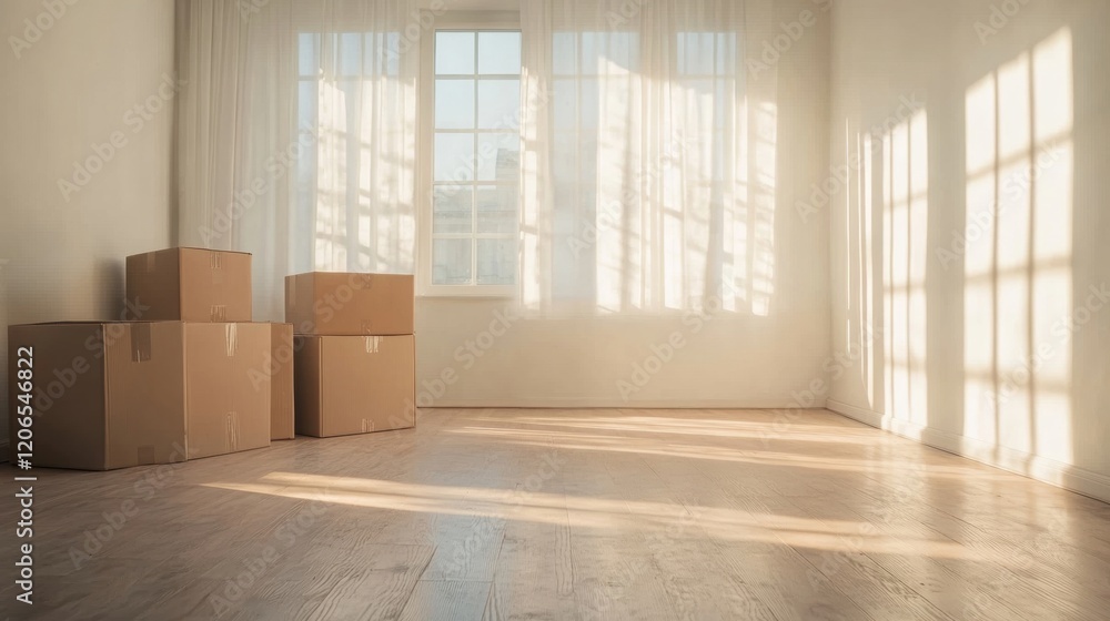 Poster sunlight pours into a spacious room, illuminating several moving boxes piled neatly, signaling an on