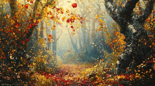 Autumnal forest path, sunlight, falling leaves, misty background, nature scene
