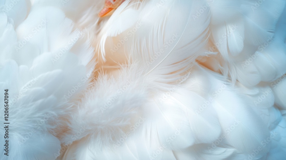 Poster close view of soft white feathers, showcasing their intricate patterns and textures, evoking a sense