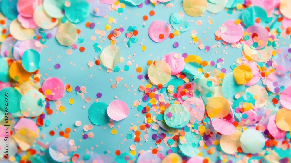 Poster a lively display of colorful confetti and streamers scattered across a bright blue surface, creating