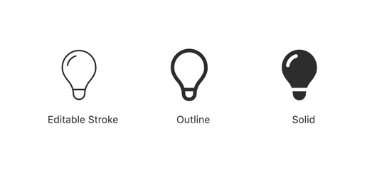 light bulb icon set lamp symbol in editable stroke, outline, and solid styles. ideas, innovation, energy, creativity icons © icons gate