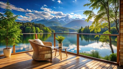 Fototapeta premium Serene Lakeside Deck with Mountain View and Wicker Chair