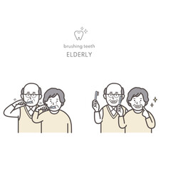 歯磨きする年配夫婦のイラスト