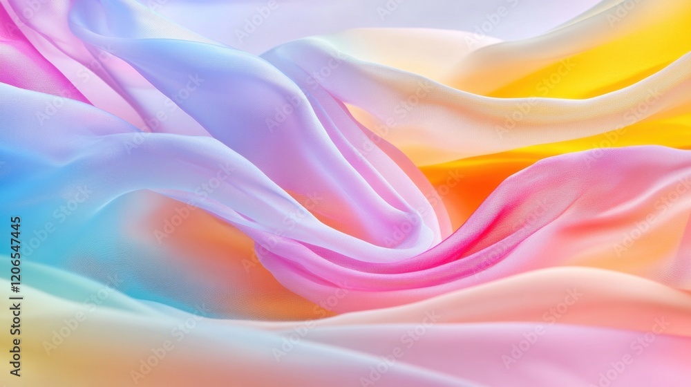 Poster close-up of colorful silk fabric highlights the smooth textures and flowing patterns, emphasizing th