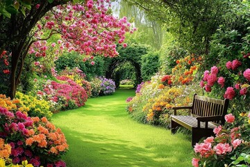 Beautiful English garden with vibrant flowers, green hedges, lush grass, and a peaceful path leading to an old wooden bench under the shade of an apple tree.