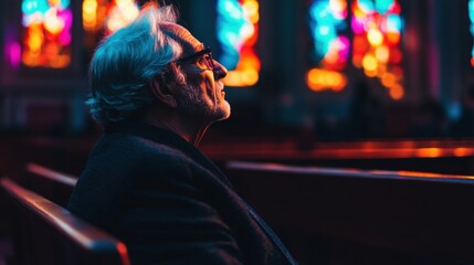 Obraz premium An elderly man sits in a quiet church, absorbing the warm glow of stained glass light as he contemplates life's moments
