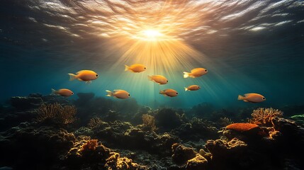 Fototapeta premium Sunlit Underwater Scene with Golden Fish and Coral Reef