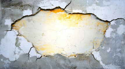 Obraz premium A cracked wall with a damaged area revealing a lighter surface underneath, showcasing wear and tear in a textured background.
