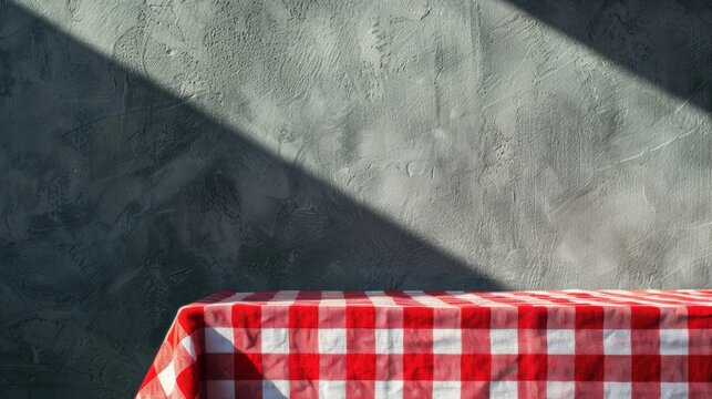 An empty table is covered with a red checkered tablecloth, positioned against a gray textured wall, highlighting warm sunlight shadows