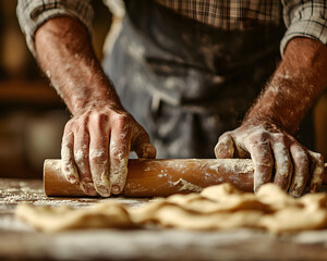 A chef rolls out dough hands covered in flour creating delicious pastries in a warm rustic kitchen setting