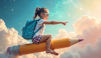 Young girl she is sitting on a flying pencil pointing with beautiful sky background