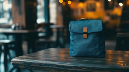 A food delivery backpack sits on a rustic wooden table surrounded by soft lighting in a warm restaurant setting