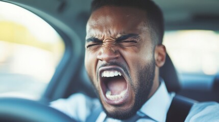 A man expresses frustration while yelling inside his car, stuck in a traffic jam on a bustling city street in the afternoon