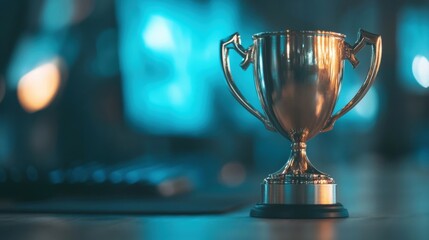 A shiny gaming trophy rests on a desk, showcasing victory alongside a computer setup, highlighting the spirit of competitive gaming