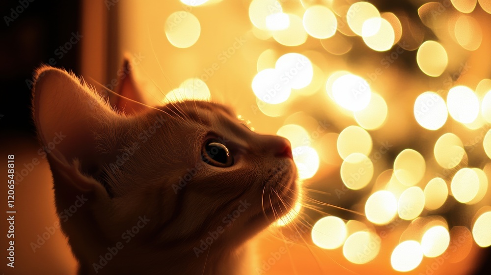 Poster soft golden bokeh lights create a warm atmosphere while a curious cat looks up in wonder, enjoying a