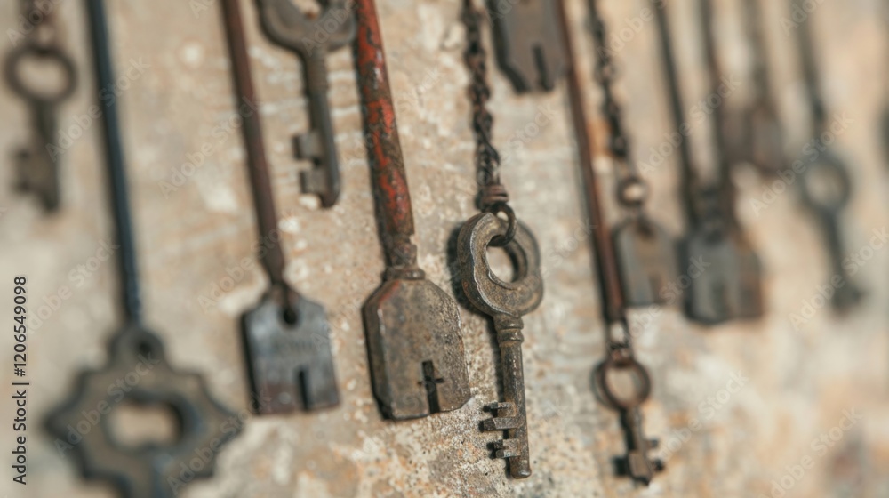 Poster hanging vintage keys are elegantly arranged with chains, showcasing a unique rustic decor element in