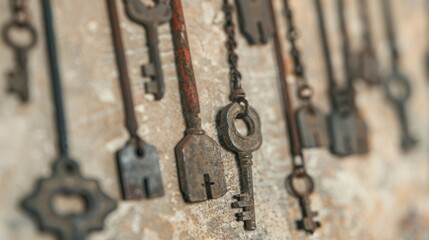 Hanging vintage keys are elegantly arranged with chains, showcasing a unique rustic decor element in a charming, nostalgic environment