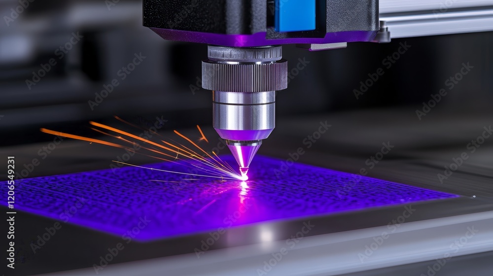 Poster a laser cutting machine in action, emitting sparks while processing a material.