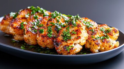 Plate of grilled chicken garnished with fresh herbs on a rustic wooden table