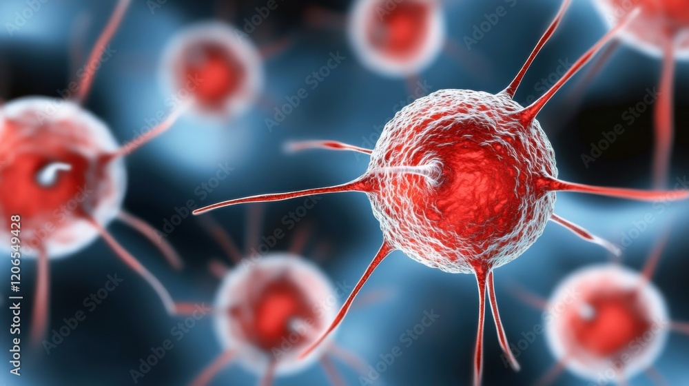 Poster virus particles are shown under a microscope, highlighting their complex forms and distinct surfaces