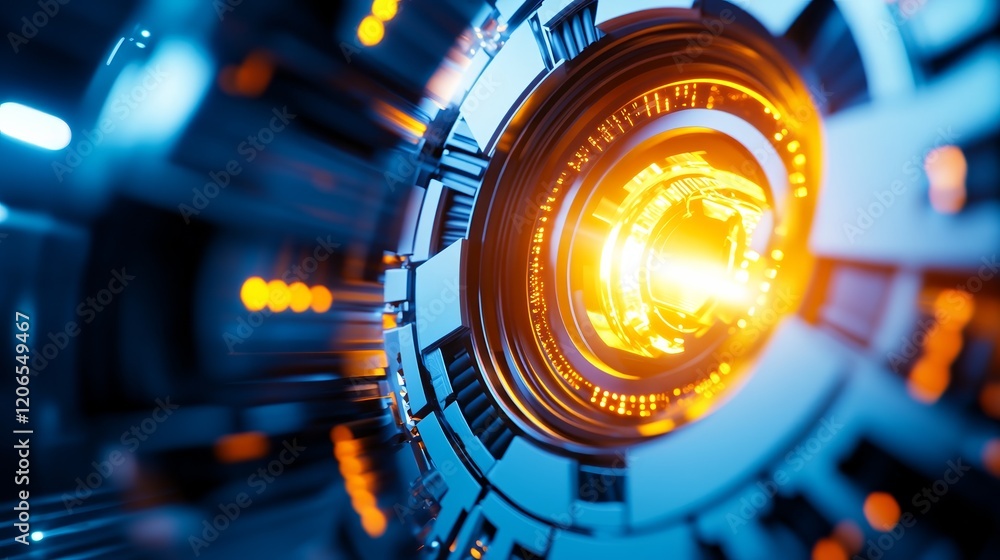 Poster abstract representation of technology with glowing elements and intricate patterns.