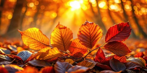 Autumnal foliage bathed in the warm glow of the setting sun, showcasing vibrant colors and intricate leaf details