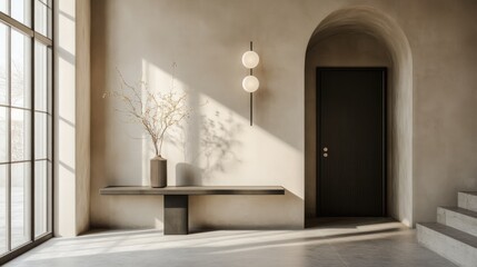 Fototapeta premium Modern minimalist interior design with natural light and a dark door archway creates a sophisticated space