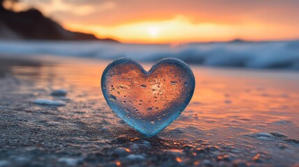 Fototapeta premium Glass Heart at Sunset on Beach