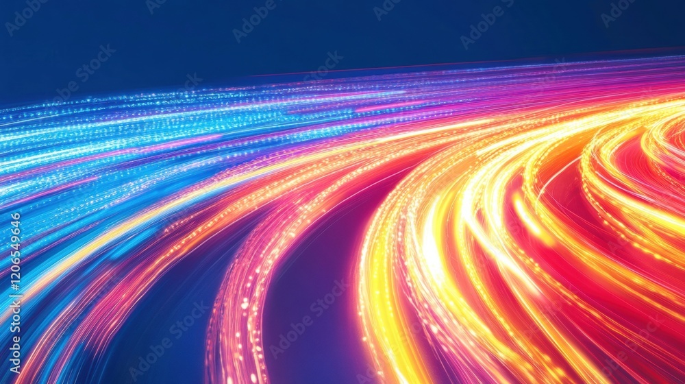 Poster neon light trails streak across a colorful horizon, creating a captivating display as dusk settles. 
