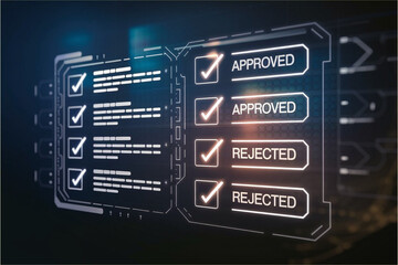 Obraz premium Digital Decision Interface: Approved vs. Rejected in a Futuristic Workspace Design with Holographic Elements and Modern Technology Aesthetics