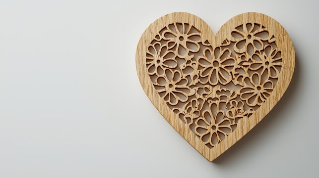 Intricate Floral Wooden Heart Ornament on White Background
