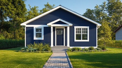 Fototapeta premium Charming Blue House with Green Lawn