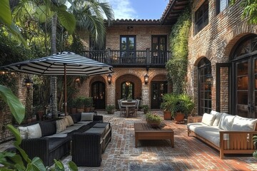 Fototapeta premium Beautiful Miami home with brick patio, black and white striped umbrella, wooden sofa and chairs, potted plants, and lanterns in Miami-style decor.