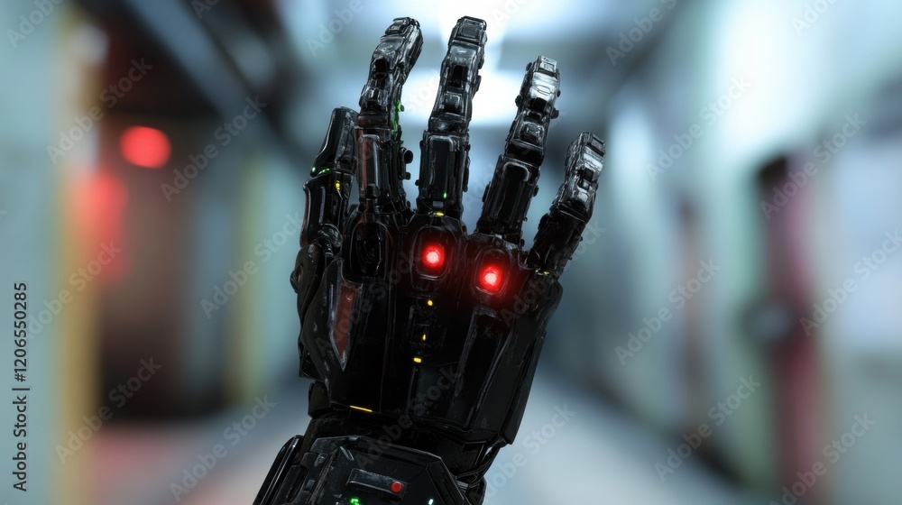Poster a robotic hand with glowing elements is extended in a high-tech environment, highlighting advanced t