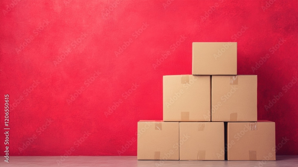 Aufkleber empty cardboard boxes are neatly stacked against a bright red wall, creating a minimalistic yet stri