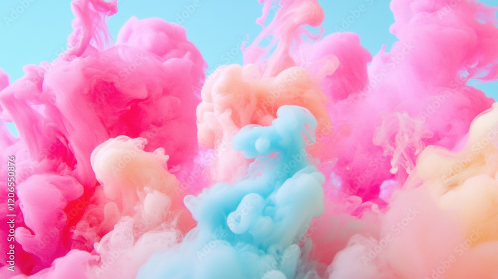 Poster swirling clouds of vibrant ink blend in water, creating an eye-catching display of colors in soft bl