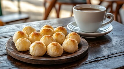 A plate of baked goods next to a cup of coffee on a wooden table, suggesting a cozy snack time.