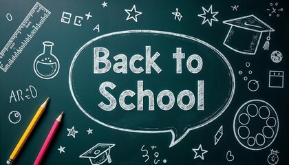 Fototapeta premium Chalkboard featuring white line drawings of school-related items the word Back to School including school related icons