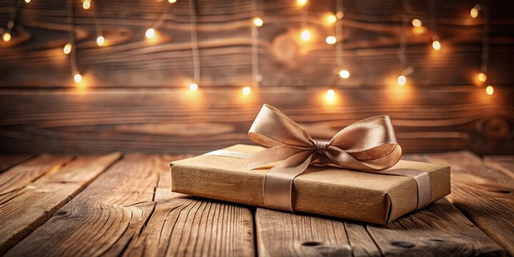 A Wrapped Gift with a Brown Ribbon on Rustic Wooden Table Against a Background of Warm String Lights