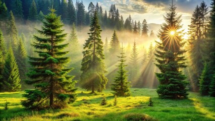 Fototapeta premium Sunbeams Illuminate Serene Evergreen Forest Meadow at Dawn