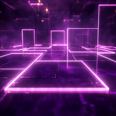 Obraz premium Futuristic neon-lit abstract landscape with glowing rectangles and mist, creating a digital atmosphere