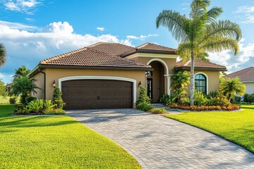 Obraz premium Modern home in Florida with a large garage door and driveway, surrounded by palm trees. High-detail HD photography showcasing exterior design.