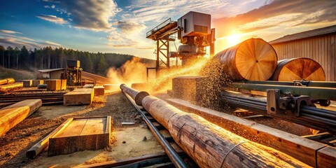 Golden Hour Lumber Mill Sawing Logs into Lumber at Sunset