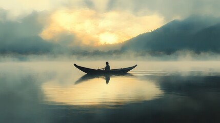 Solitary Figure in a Boat at Sunrise on a Misty Lake