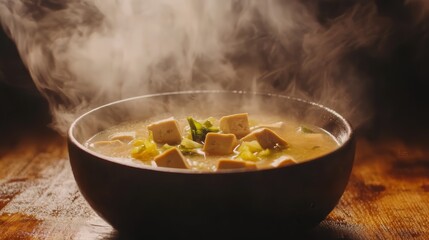 A steaming bowl of soup with tofu and green onions, inviting warmth and comfort.