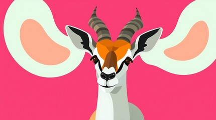 Cartoon gazelle portrait, large ears, pink background.