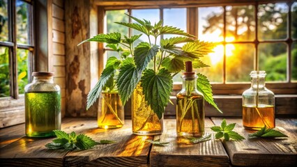 Fototapeta premium Rustic Window Sunlight Illuminates Herbal Oil Bottles and Fresh Stinging Nettle Leaves on Wooden Surface