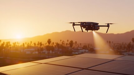 Fototapeta premium A drone hovers above solar panels at sunset, showcasing renewable energy technology.