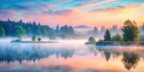 Fototapeta premium Serene Sunrise Over Misty Lake and Verdant Forest, Reflecting Tranquil Beauty in Still Waters